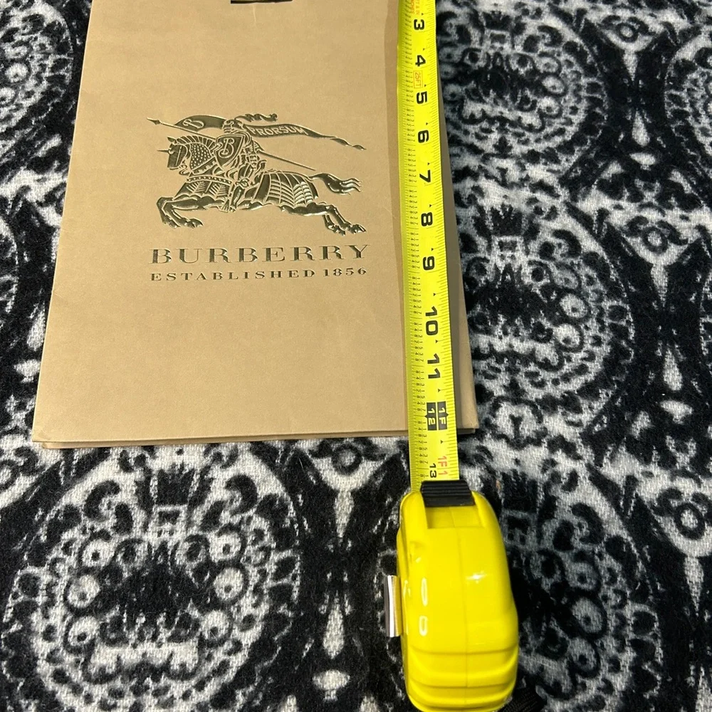 Burberry paper shopping bag with a gold logo and cloth handles.